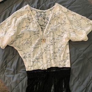Lace& black fringe shrug